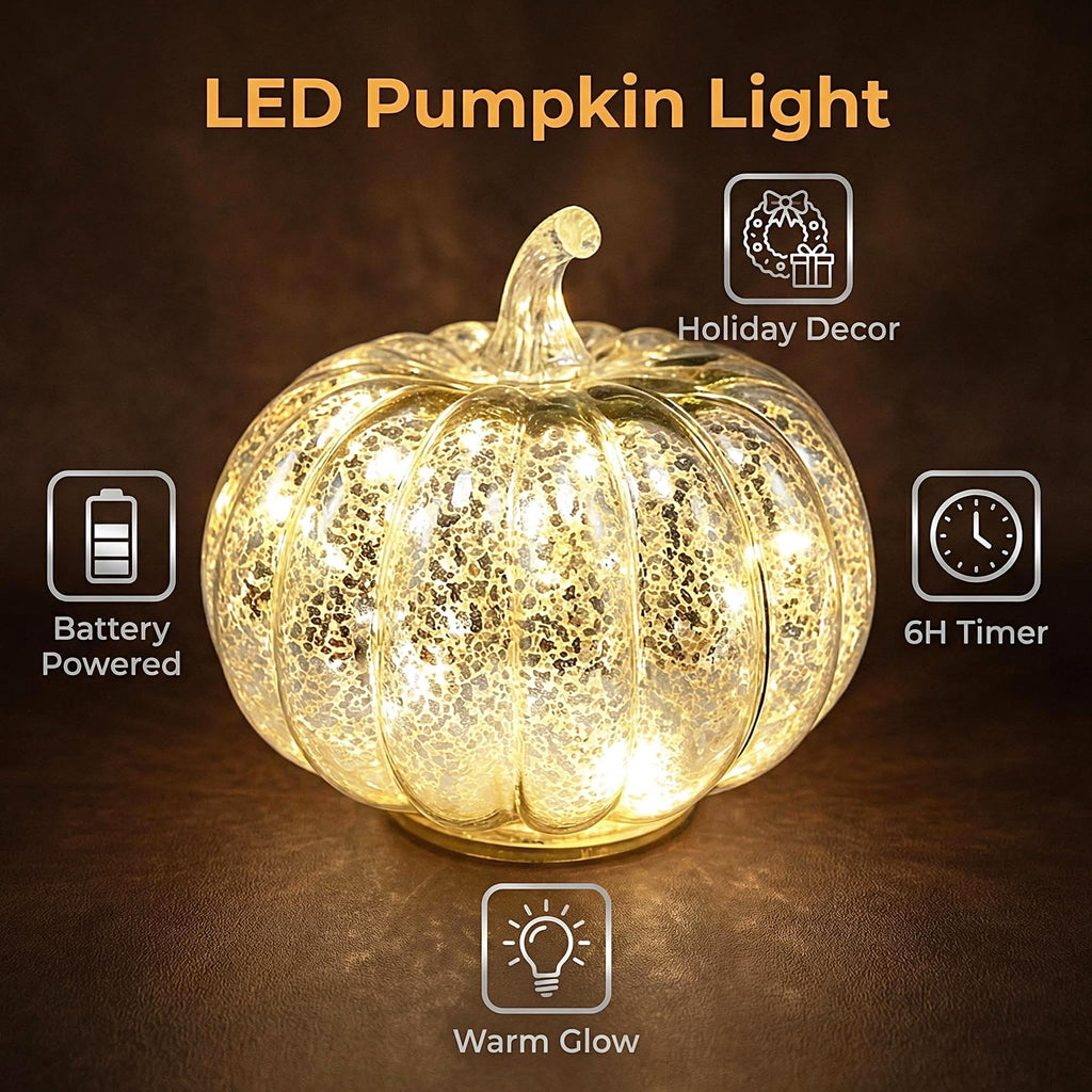 Decorations, Mercury Glass Pumpkin Lights with Timer(Silver)