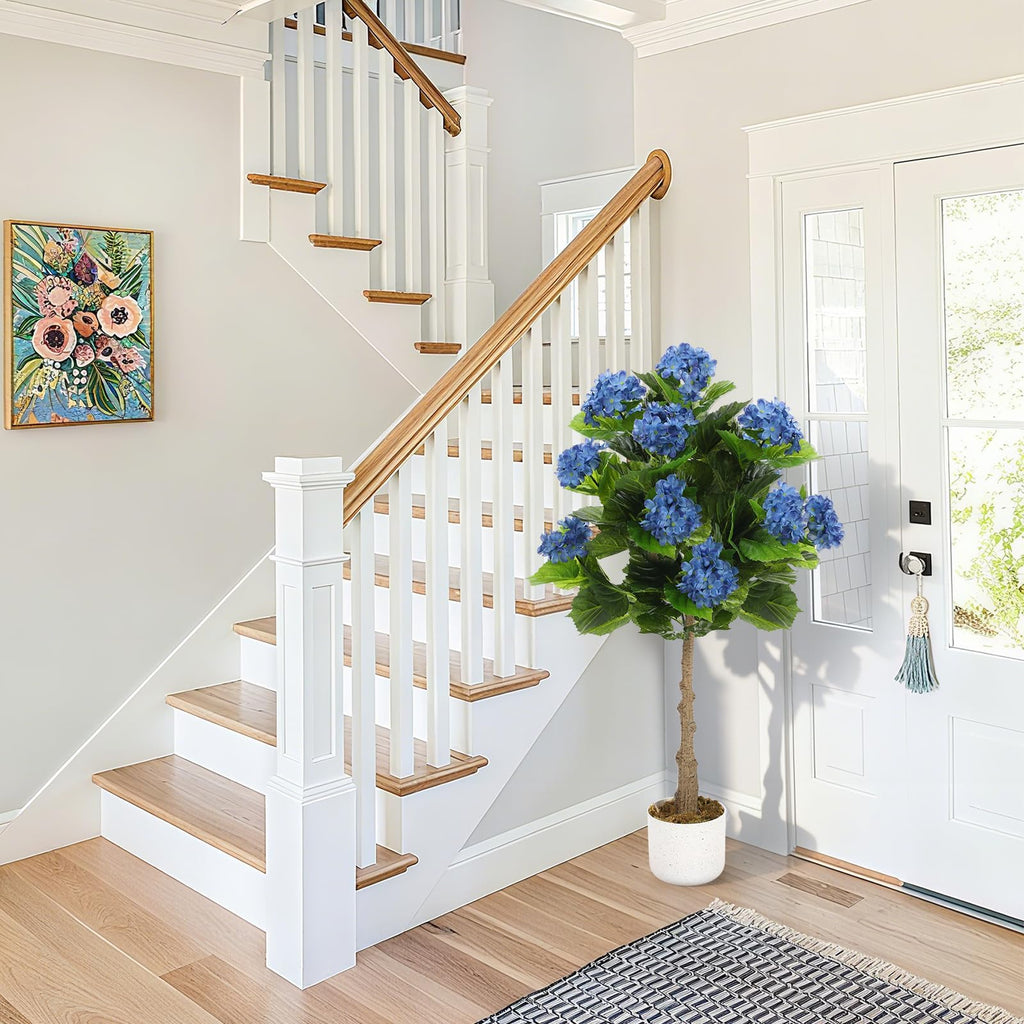 Artificial Hydrangea Tree, 3.1 FT Faux Hydrangea Plant in Pot with 9 Lifelike Blue Flowers, Fake Potted Flower Trees
