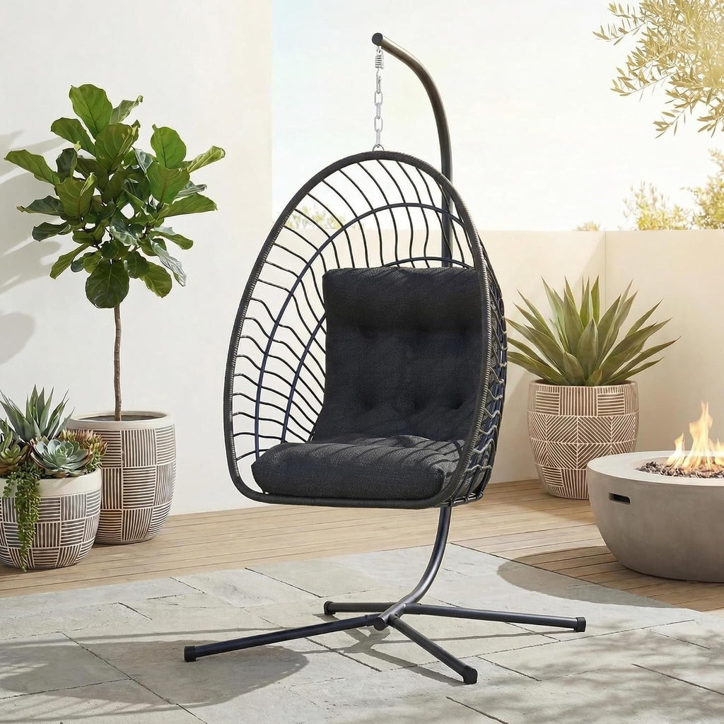 Hanging Egg Chair with Stand Indoor Outdoor, Foldable Rattan Wicker Hammock Egg Swing Chair Porch Patio Garden