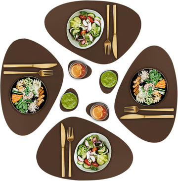 Faux Leather Placemats and Coasters Round Modern Brown Table Mats for Dining - Heat Resistant, Waterproof - Set of 4
