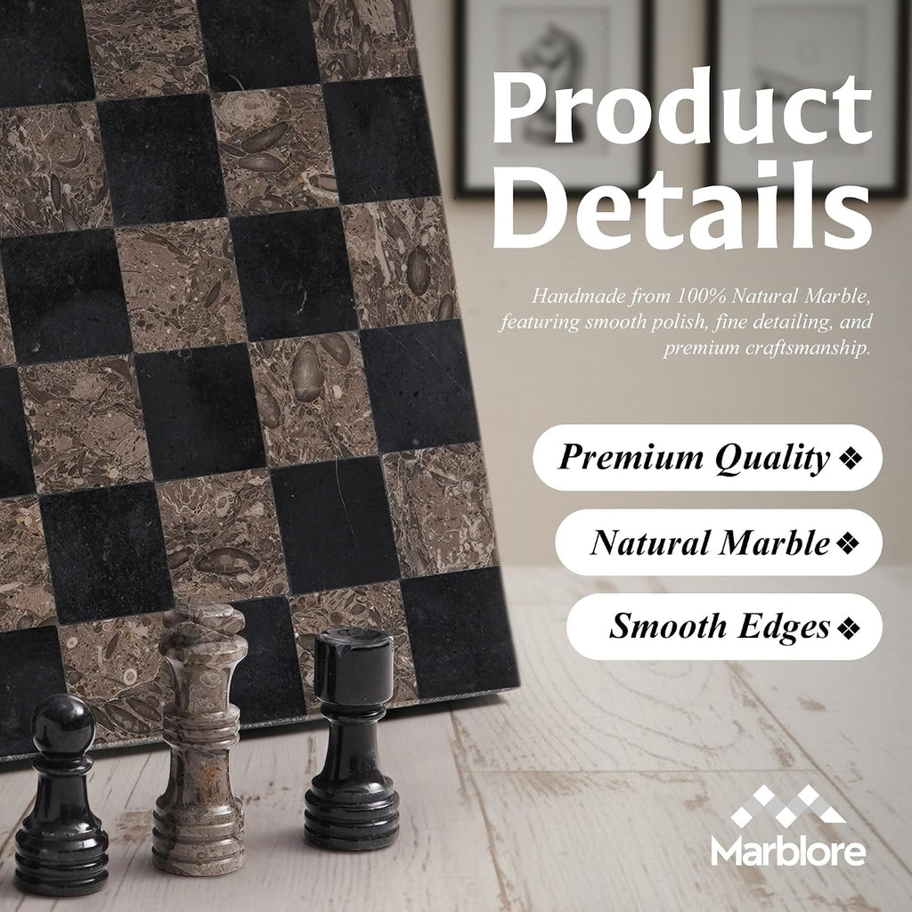 Marble Chess Set 12 Inch Oceanic and Black Luxury Decorative Chess Board Game with 32 Chess Pieces & 2 Extra Queens - Set of 34