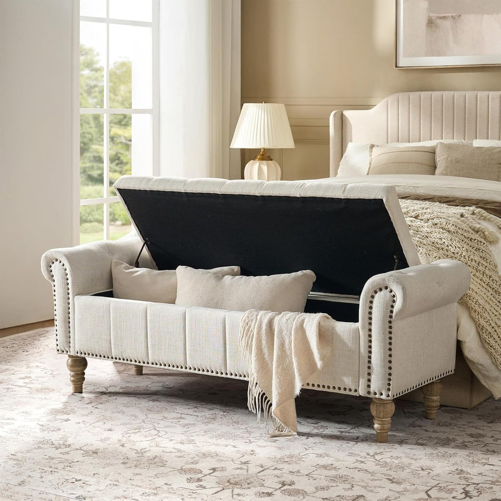 Farmhouse Storage Bench, Ivory | End of Bed Bench with Vintage Button-Tufted Design, Bedroom Bench with Storage