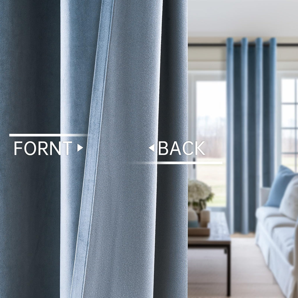 Blue Velvet Blackout Curtains 84 Inches Long, Slate Blue Light Stone Blue Dusty Blue Room Darkening Thermal Insulated
