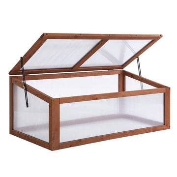 Wooden Framed Polycarbonate Cold Frame Greenhouse for Plants Outdoor with Openable & Tilted Top Cover, PC Board