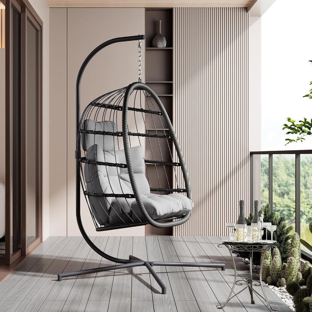 Hanging Egg Chair with Stand, Swing Hammock Chair with Cushion for Indoor Outdoor, Patio Wicker Egg Swing Chair for