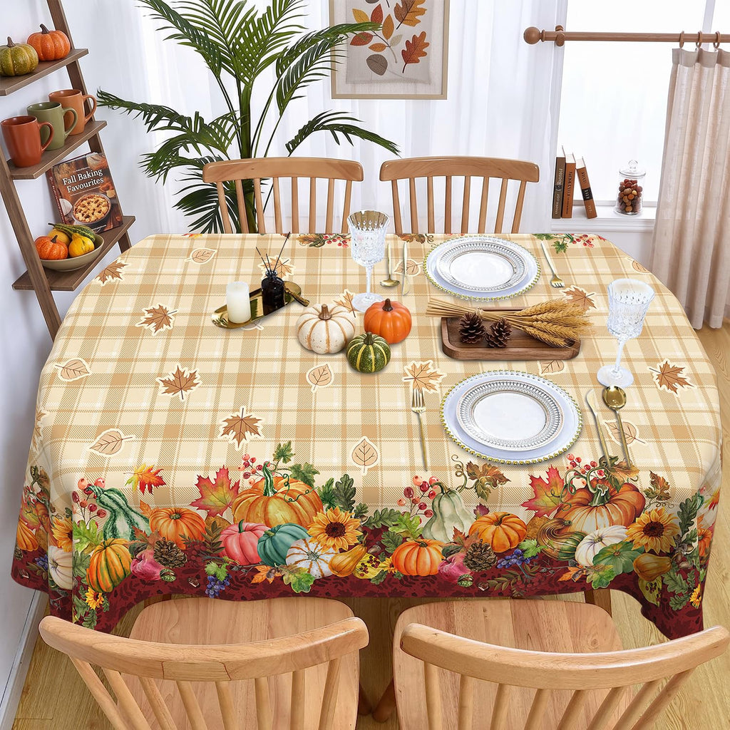 Fall Plaid Oval Tablecloth 60 x 102 Inch, Stain Resistant Washable Fabric Autumn Harvest Pumpkin Table Cloth Oval