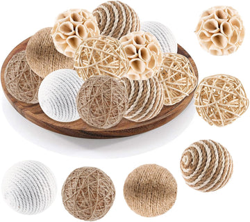 Decorative Balls for Centerpiece Bowls, Wicker Rattan Spherical Rustic Ball, Natural Bowl Fillers & Vase - Set of 12