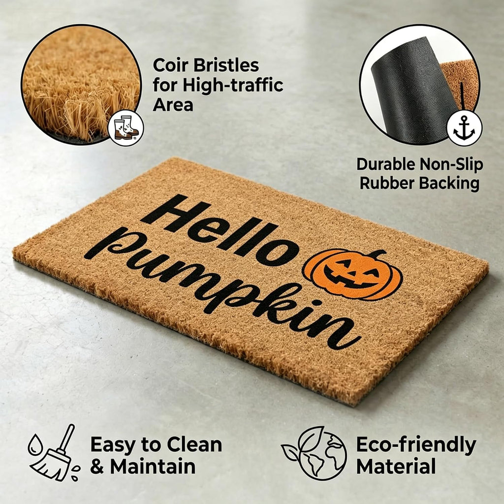Halloween Layered Front Doormat Set, Hello Natural Coco Coir Door Mat + 28"x43" Orange White Buffalo Plaid Rug