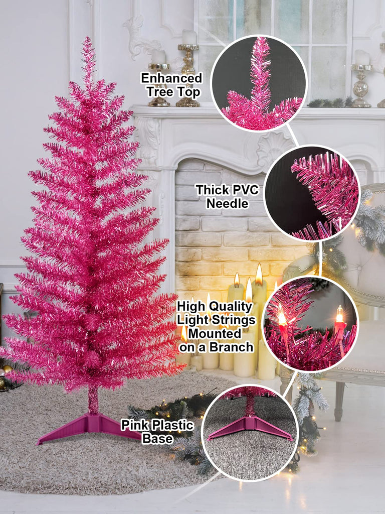 4ft Pre-Lit Pink Christmas Tree, 122 Tips, 50 String Lights