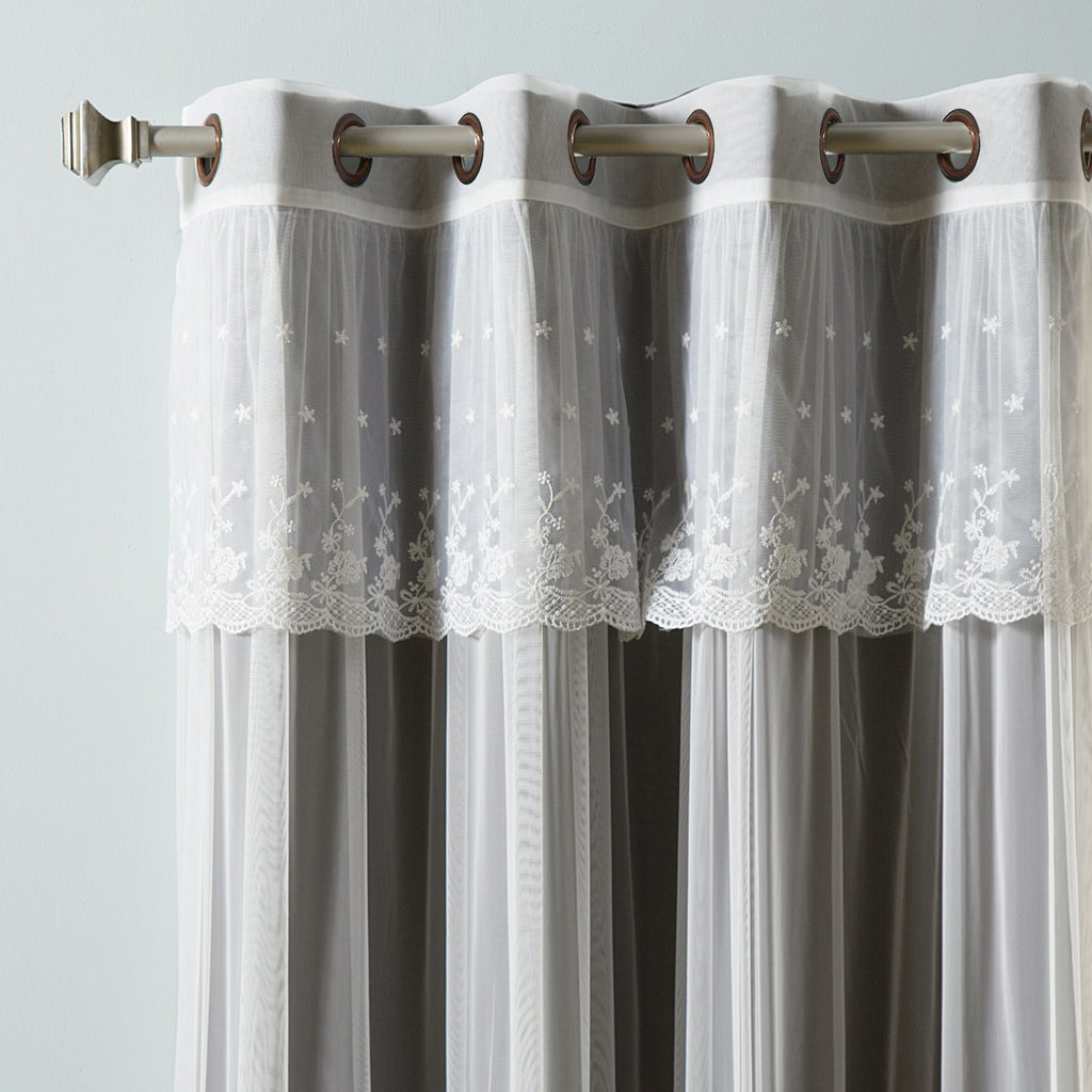 Fashion Mix & Match Tulle Sheer with Attached Valance & Solid Blackout Curtain Set - Stainless Steel Nickel Grommet