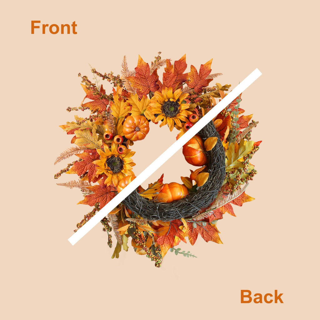 Fall Wreaths for Front Door 24 Inch Fall Wreath with Pumpkins Sunflowers Maple Leaves and Orange Red Berries Autumn