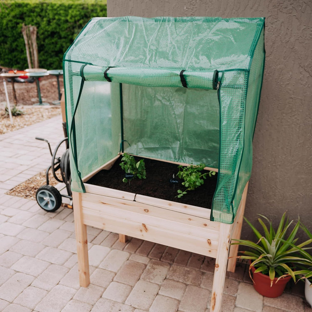 Expressions 36"x24" Elevated Garden Bed with Greenhouse Cover - Raised Wooden Planter Box with Legs, Mini Outdoor