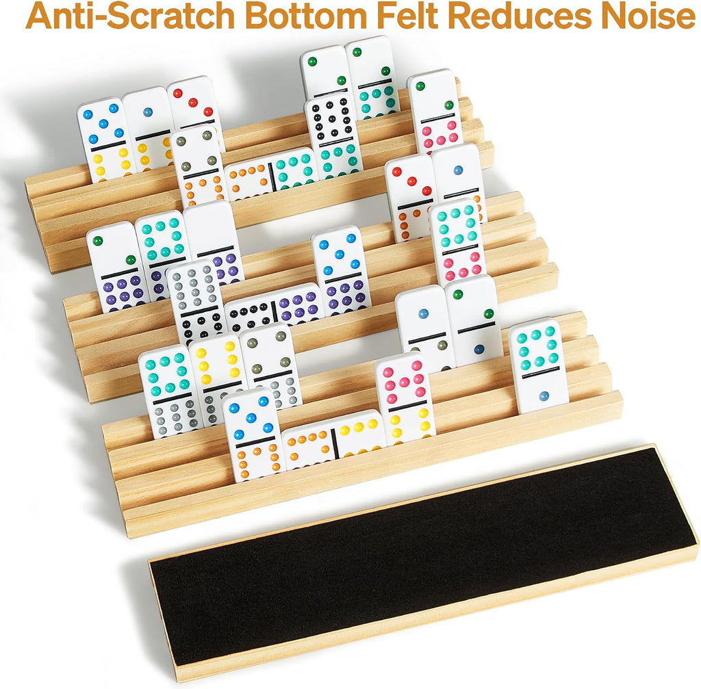 Mexican Train Double 12 Dominoes Set with 4 Wooden Trays/Racks in Portable Carrying Case Colorful 91 Tiles & 9 Trains