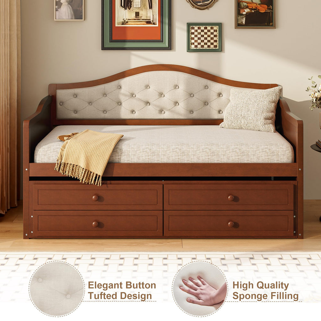 Wood Daybed Twin Size with Trundle and 2 Storage Drawers, Walnut