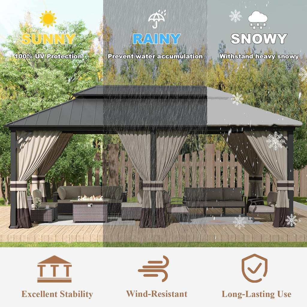 12' x 20' Hardtop Outdoor Metal Gazebo with Galvanized Steel Double Roof Canopy, Netting and Curtain