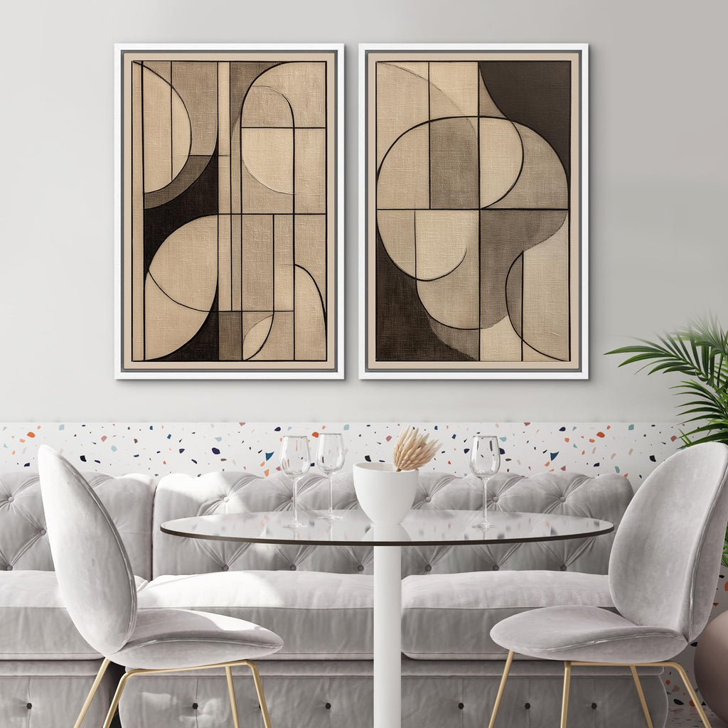 Framed Canvas Print Wall Art Set Neutral Beige Brown Geometric Abstract Shapes Illustrations Modern Art Rustic Ultra