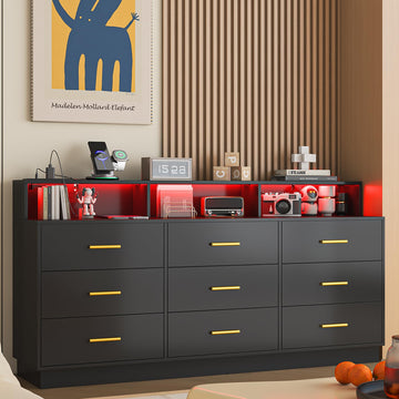 Black 9 Drawer Dressers, Modern Large Dresser with LED Light and Power Outlet, Wooden Long Dresser