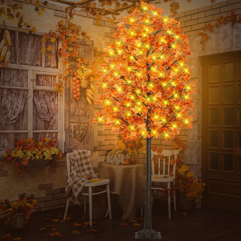8FT Fall Maple Tree Light - Thanksgiving Decor Artificial Tree with 21 Acorn, Remote 8 Flashing Modes, Timing