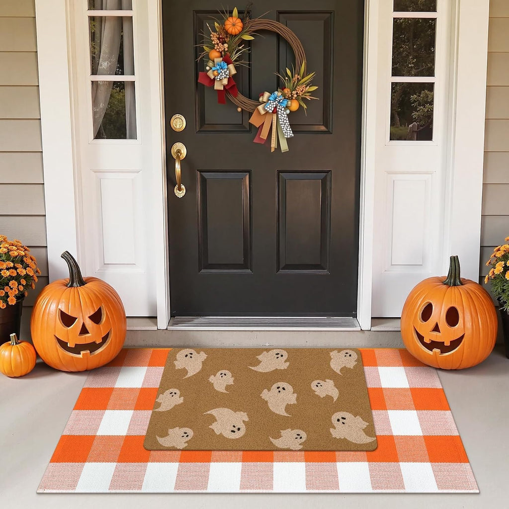 Halloween Door Mat Fall Decor Combo Set + Buffalo Plaid Checkered Rug Fall Washable Outdoor Rug 3'x5' Autumn Layered