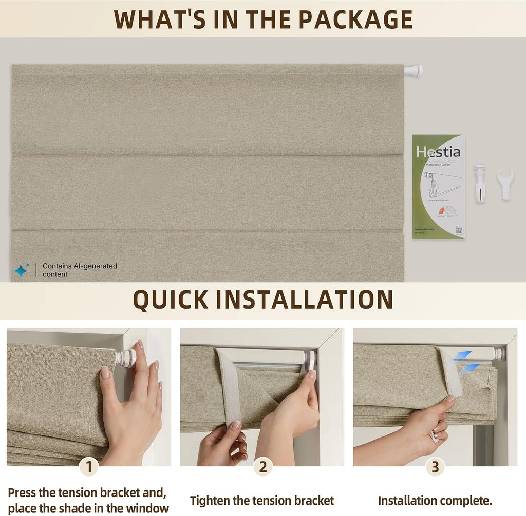 No Drill Cordless Roman Shades for Windows, Brown, 36" W x 48" H | 100% Blackout UV Protection, Linen-Like Polyester