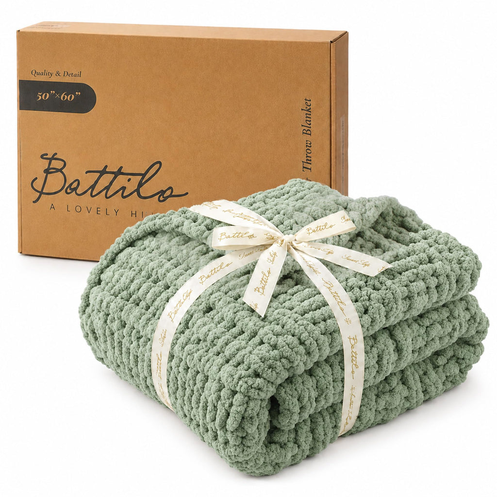 Chunky Knit Throw Blanket for Couch, 50"x60", Sage Green