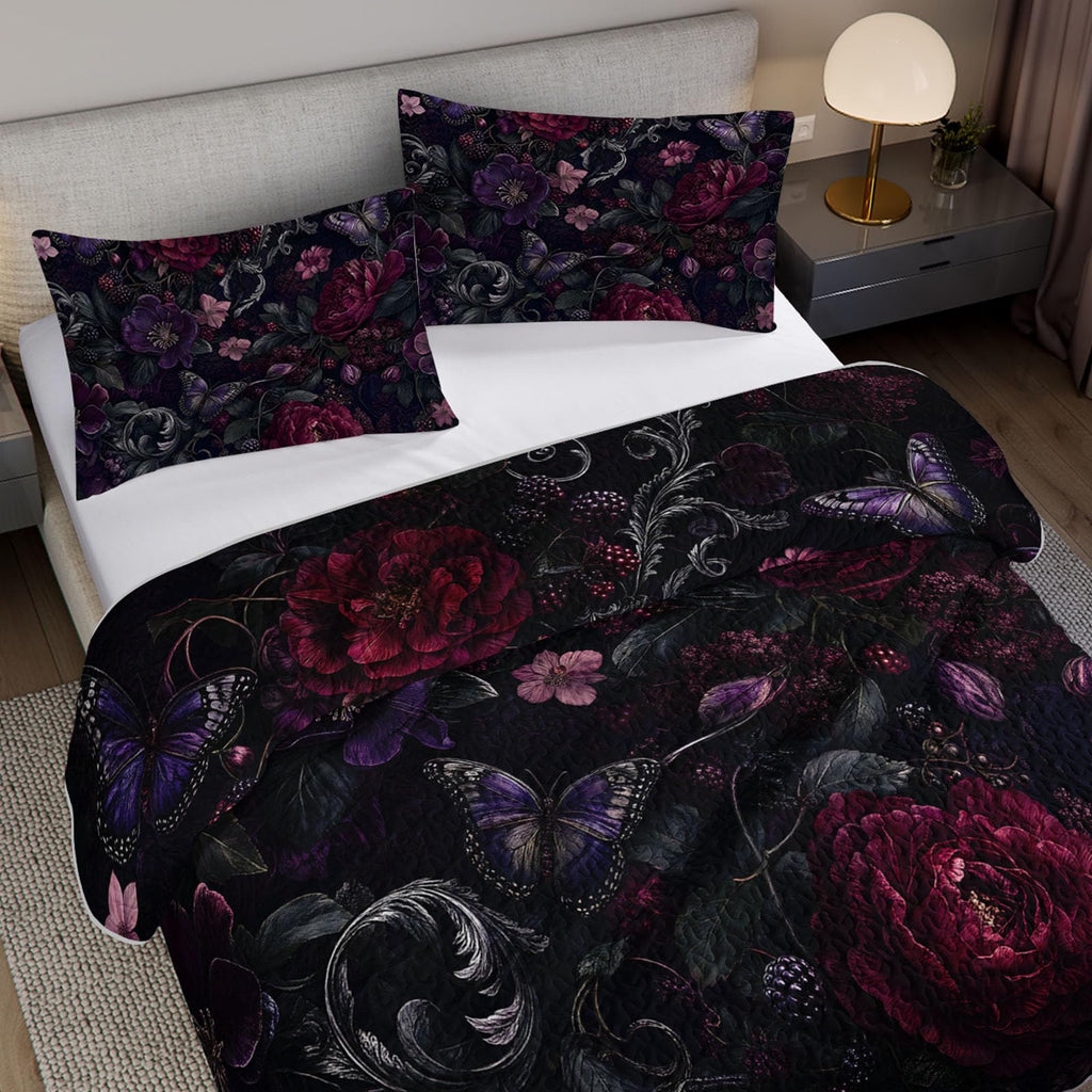 King 3-Piece Quilt Set, Gothic Burgundy Rose Botanical Bedspread, Soft Lightweight Microfiber Coverlet with 2 Pillow
