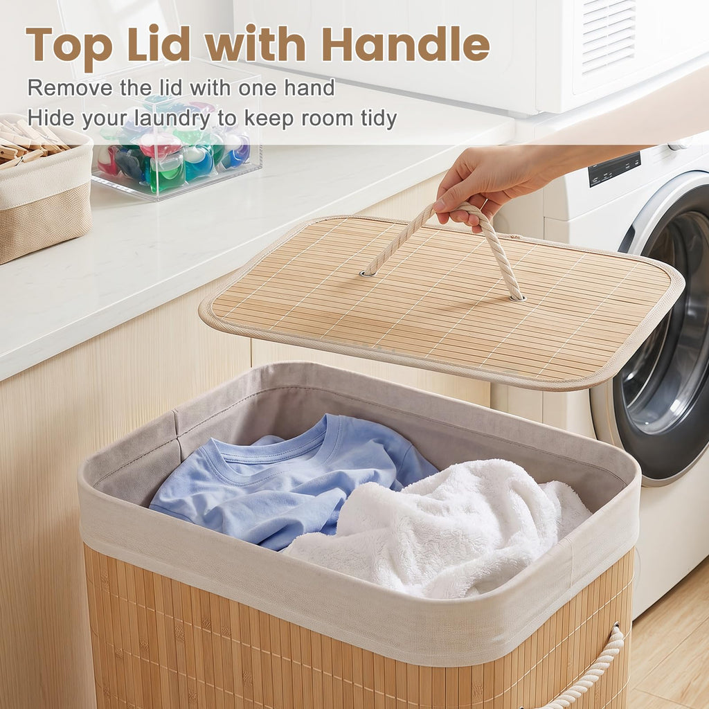 Bamboo Laundry Hamper with Lid, Removable Liner & Portable Handles