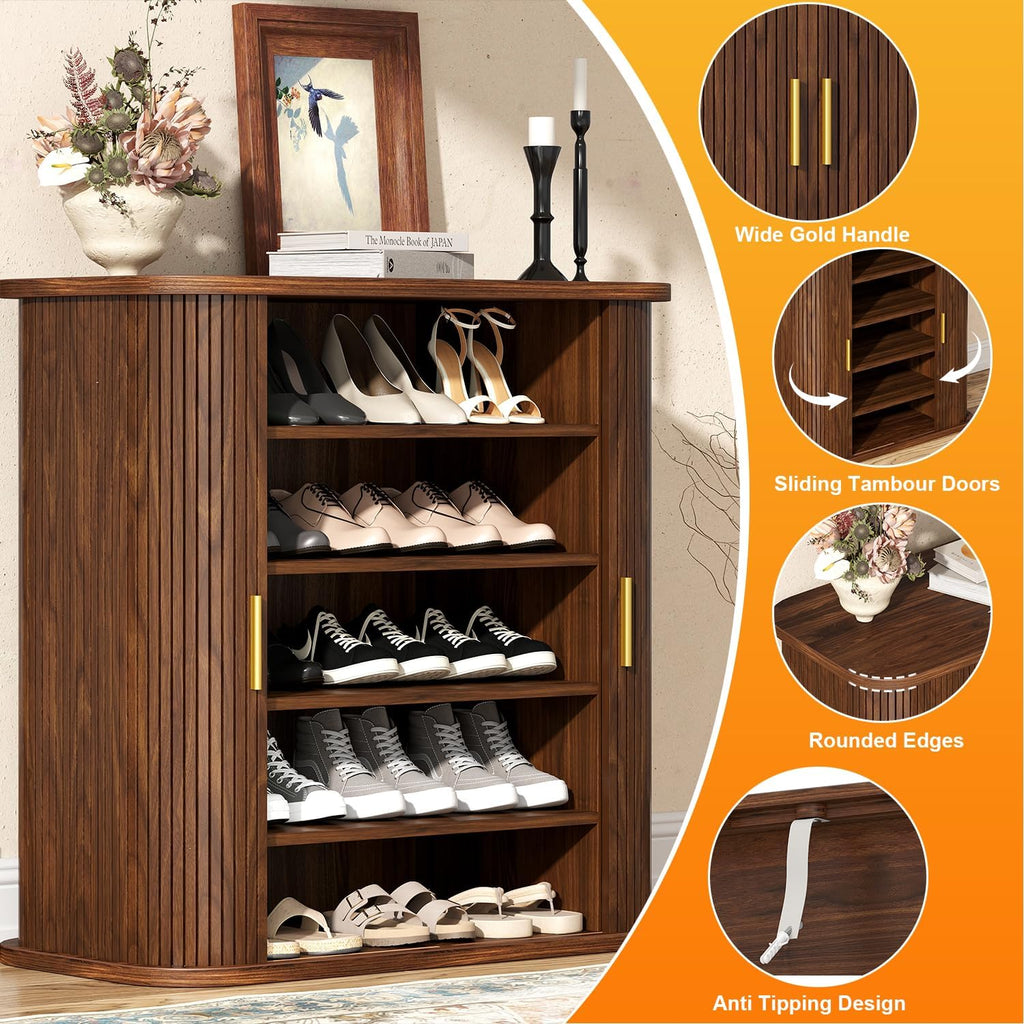 Shoe Storage Cabinet with Sliding Doors, 5-Tier Wood Shoe Cabinet , Adjustable Shelves Freestanding Shoe Organizer