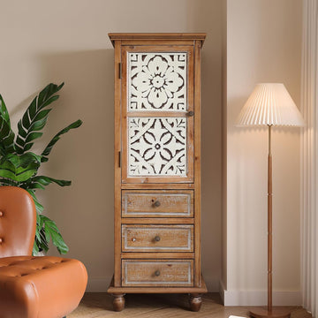 54" Distressed Solid Wood Freestanding Storage Chest, Accent Cabinets with Cutout Magnetic Door, Utility Organizer