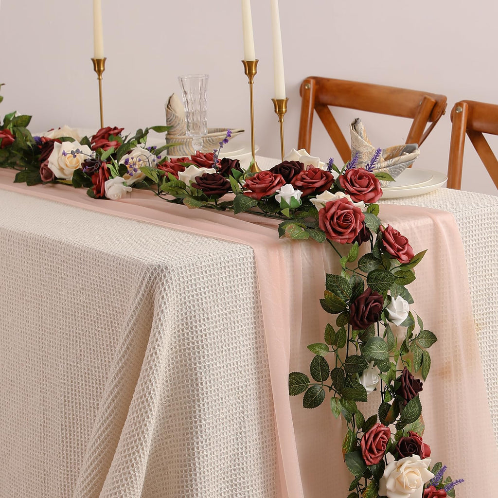 5FT Burgundy Ivory Artificial Rose Garland for Wedding Arch Table