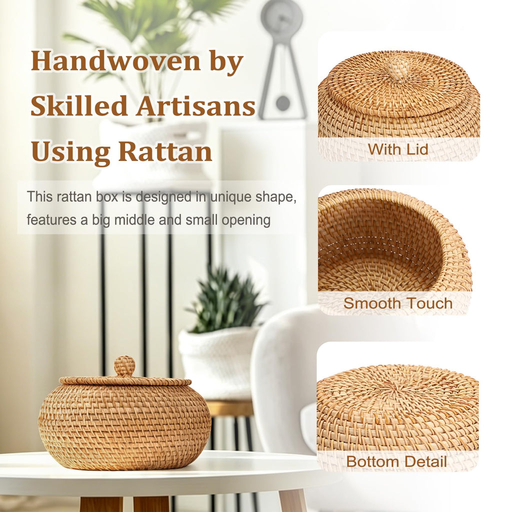 Handwoven Rattan Basket Round Wicker Storage Box with Lid