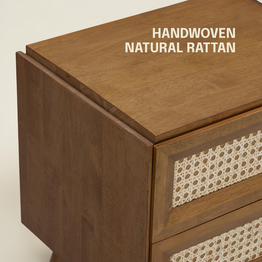 Mel Solid Wood Nightstand with 2 Drawers, Handwoven Natural Rattan Bedside Table, Mid Century Modern Night Stand