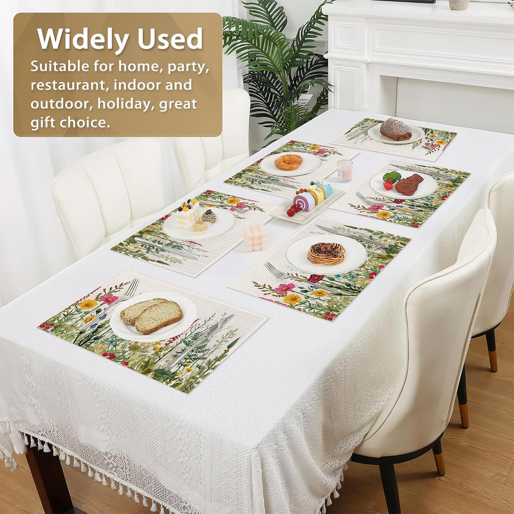 Washable Herbs and Wild Flowers Placemats Non-Slip Heat-Resistant 12x18 Inch Thick Decorative Linen Table - Set of 6