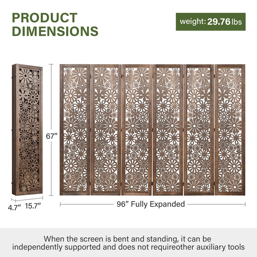 Folding Wood Room Divider Panel, 5.6 FT Tall Daisy-Carved Privacy Screen - Decorative Flower Carved Room Partition