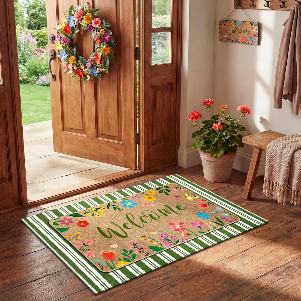 2 Pcs Summer Floral Door Mat Outdoor Wildflower Welcome Doormat for Front Door Linen Rubber Layered Flower Stripes