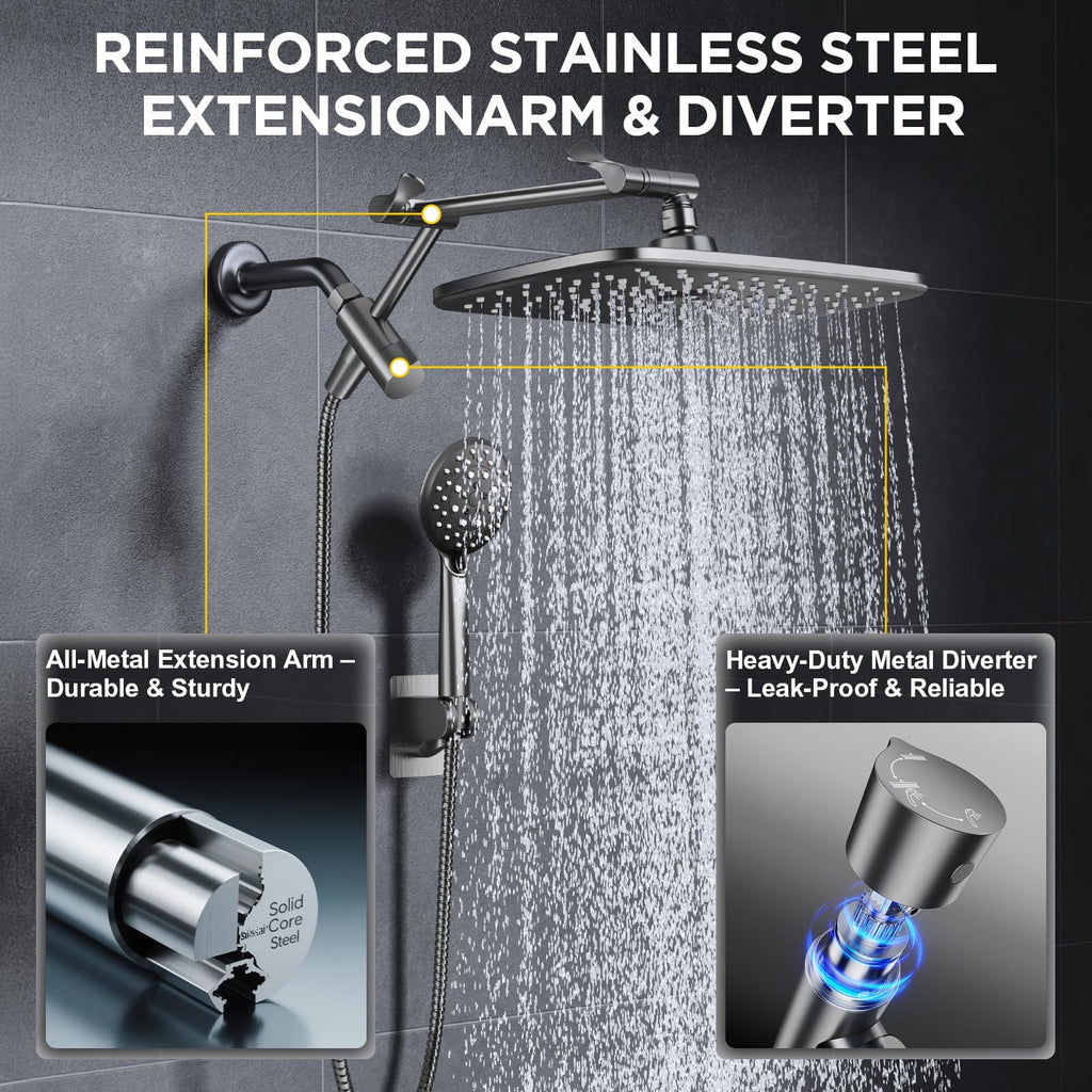 Gunmetal Gray 11.8" High Pressure Shower Head with Handheld, Durable