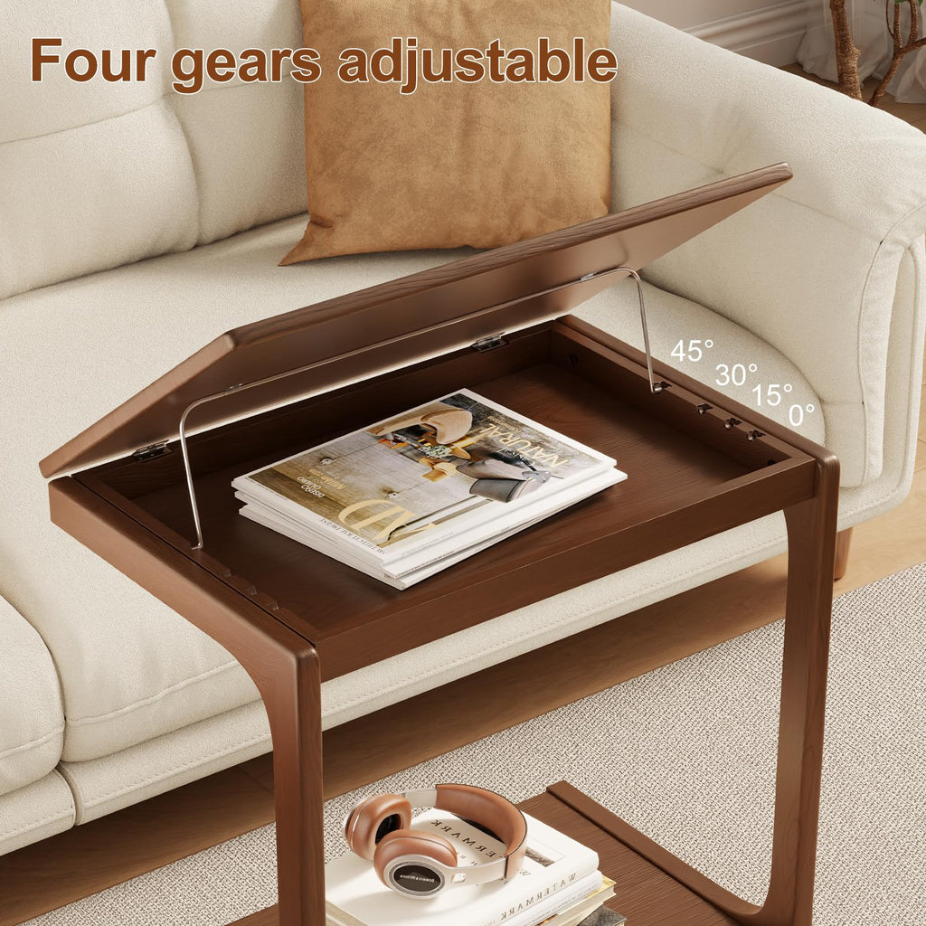 Wooden C-Shaped End Table, Couch Table with Adjustable Desktop, Small Rolling Side Table with 2 Lockable Wheels 23.6"