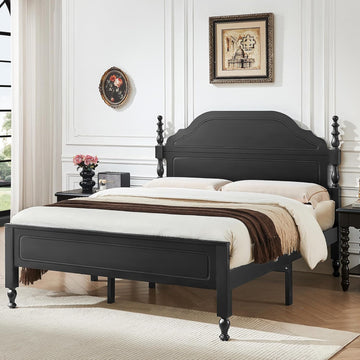 Wood Bed Frame Queen, Wooden Retro Style Queen Bed Frame with Headboard and Footboard, Heavy Duty Bed Frame with 12
