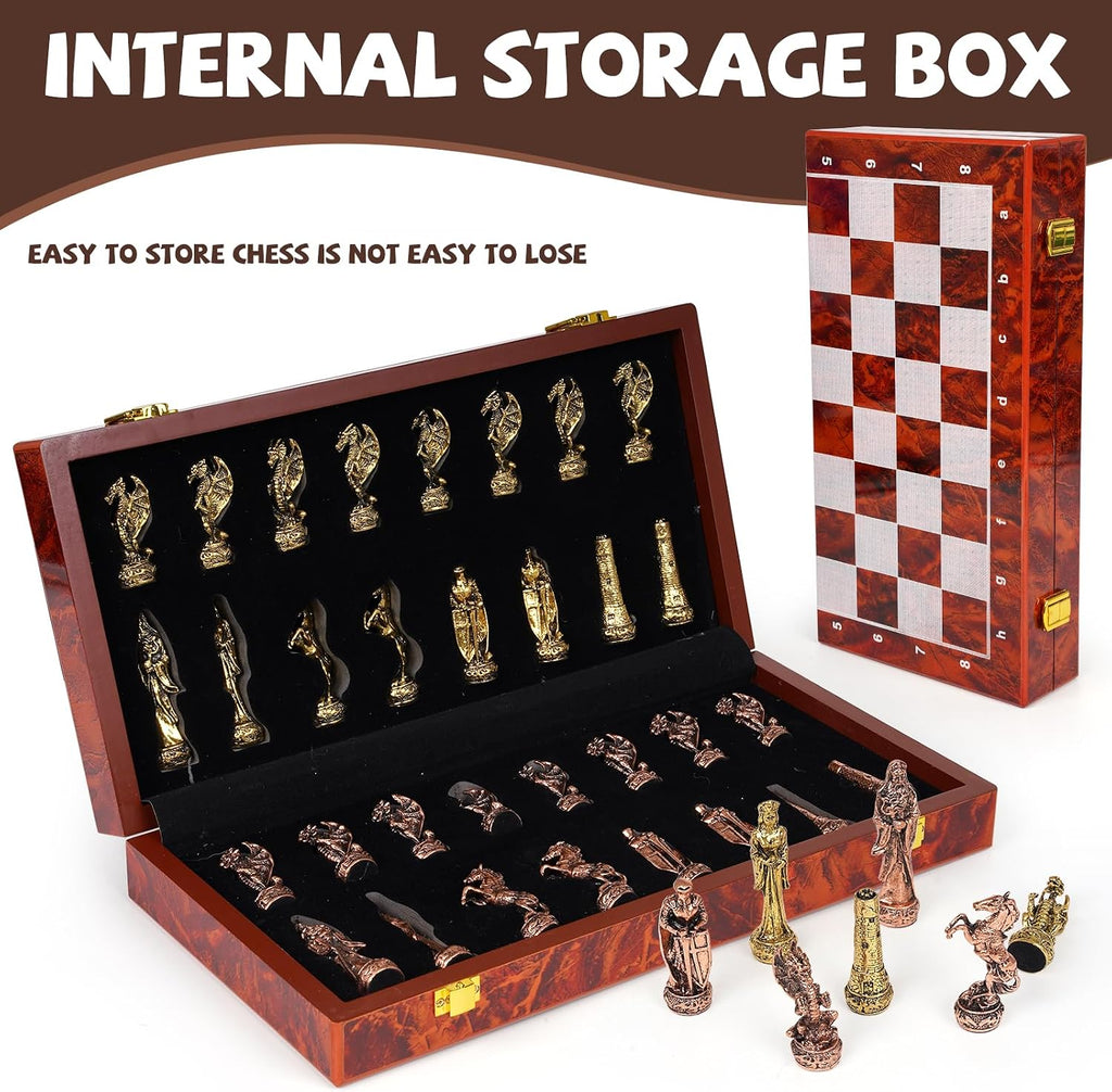 Vintage Figurine Metal Chess Set for Adults and Kids - 15'' Wooden Board with Metal Pieces - Travel Chess Set
