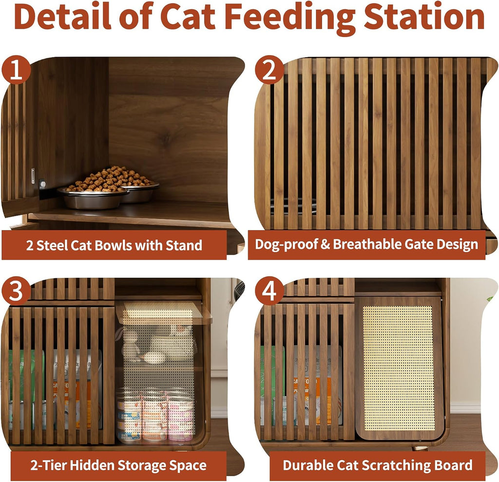 Dog Proof Cat Feeding Station, Pet Feeding Station with Storage, Walnut