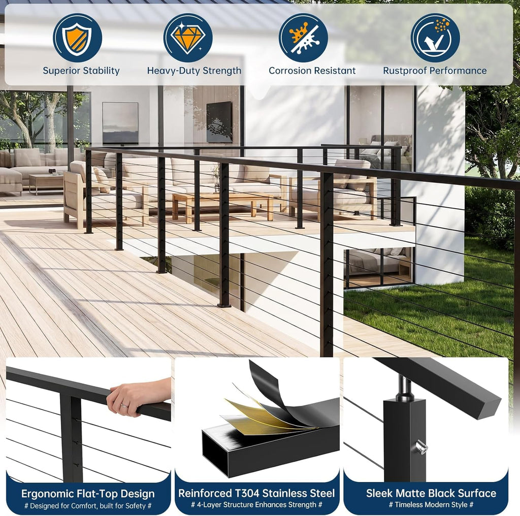 6FT Black Stainless Steel Cable Railing Handrail with POM Connector