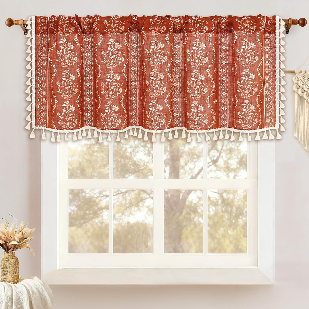 Boho Valance Curtains Vintage Linen Kitchen Valances for Windows Light Filtering Floral Valance Rod Pocket Farmhouse