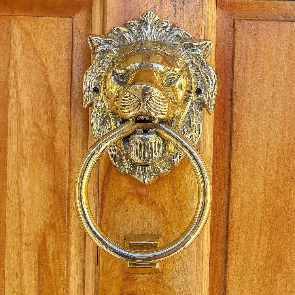 Unique Look Handcrafted Shiny Brass Polished Lion Front Face Door Knocker Home Entrance Décor Accessory Mounting