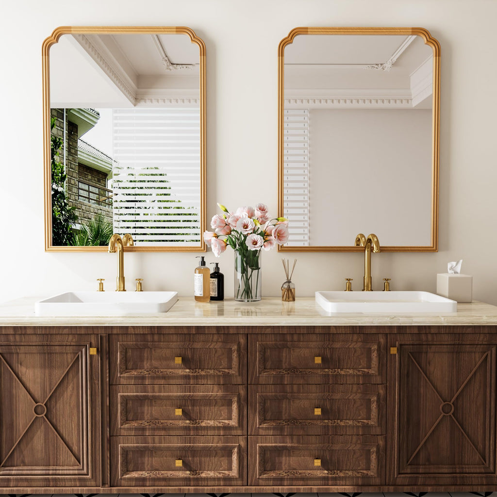 30" x 40" Wood Bathroom Mirror for Over Sink, Rustic Rounded Corner Vanity Mirror Home Decorative [Natural Color]