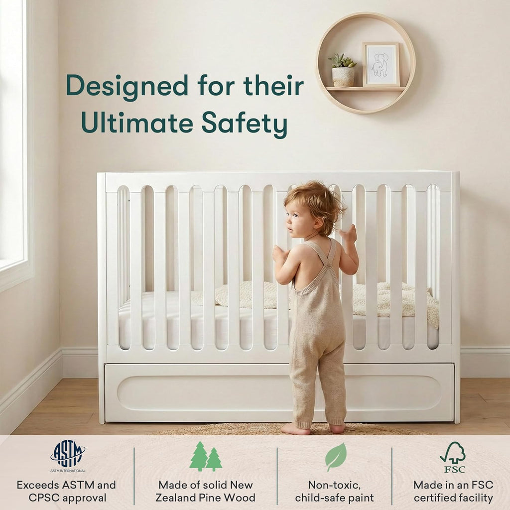 Lulla & Lulli 3-in-1 Convertible Baby Crib with Trundle - Solid Wood, Non-Toxic Finish, Converts to Toddler Bed &