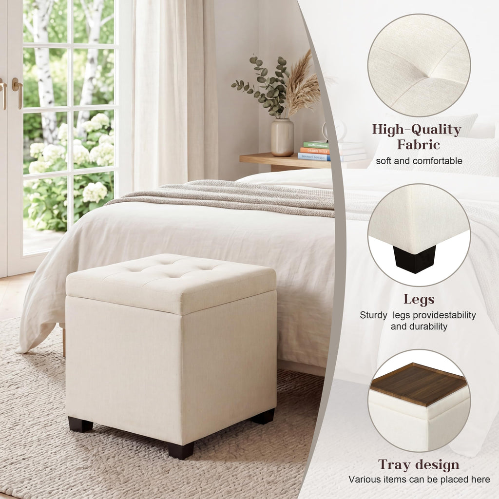 15 inch Square Storage Ottoman with Tray Lid, Modern Tufted Fabric Cube Coffee Table with Storage, Upholstered Ottoman