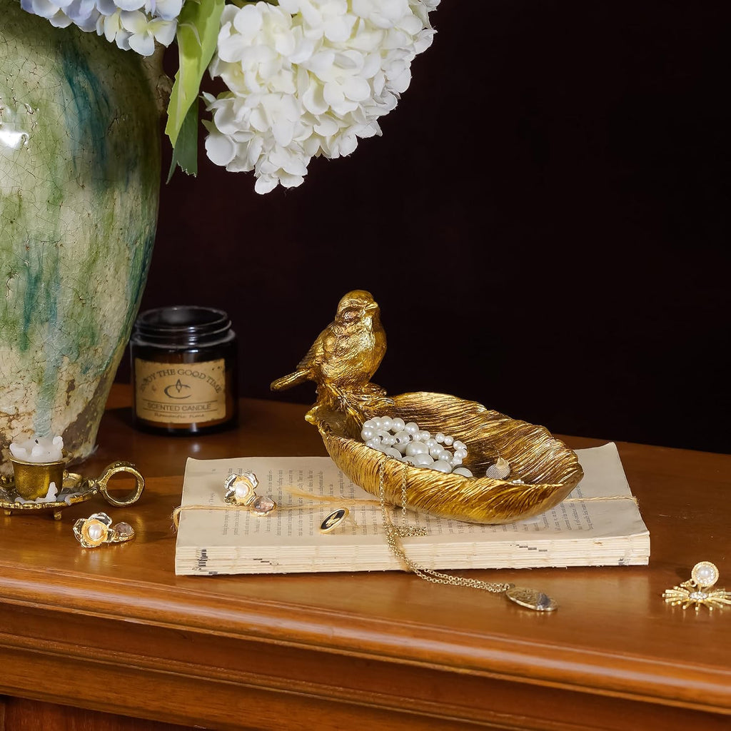 Resin Jewelry Tray, Gold Leaf-shaped with Standing Bird, Ring Dish, Decorative Organizer for Entrance Vanity Dresser