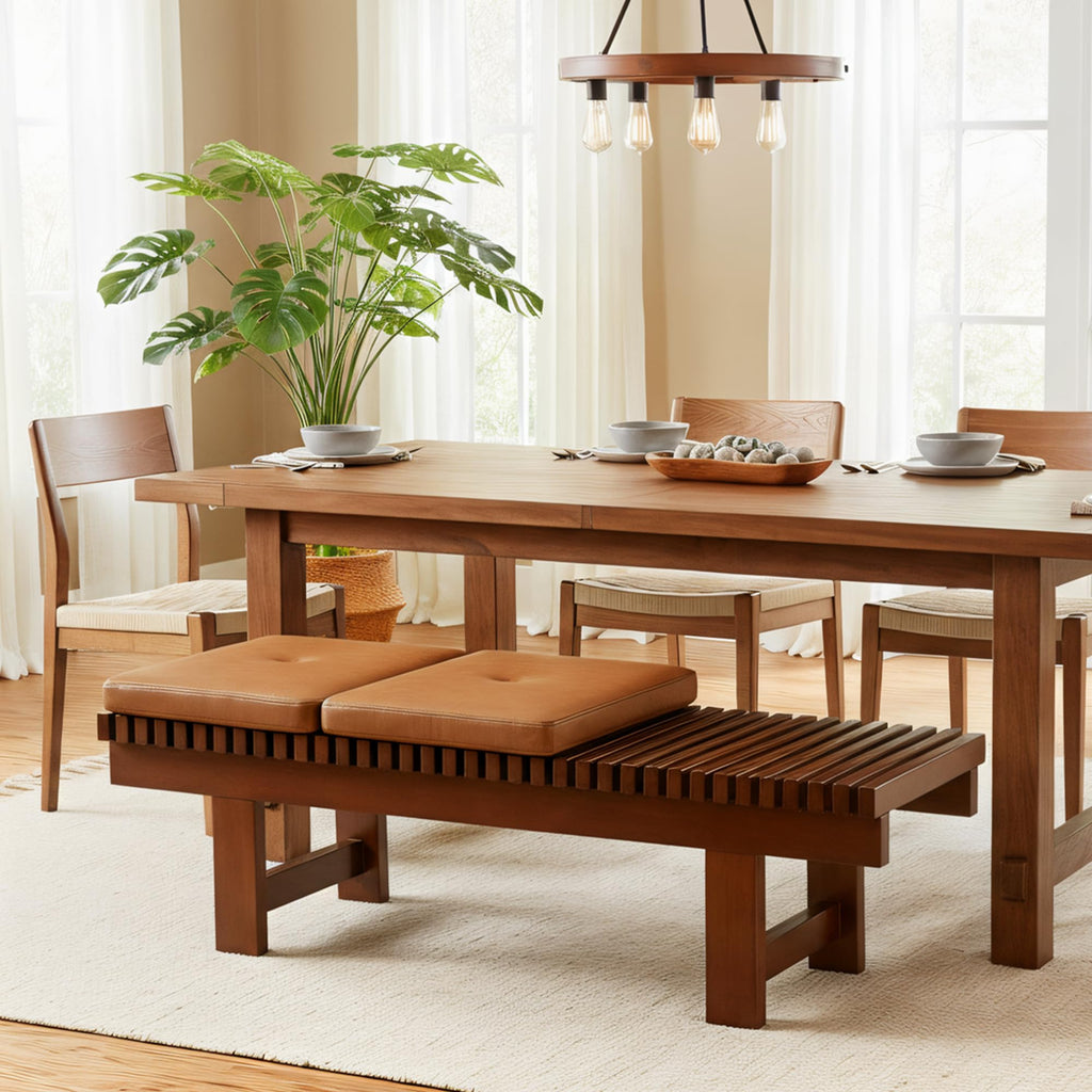 Solid Wood Entryway Bench, 59.4" End of Bed Bench with Removable Cushions & Wooden Legs, Farmhouse Indoor Bench