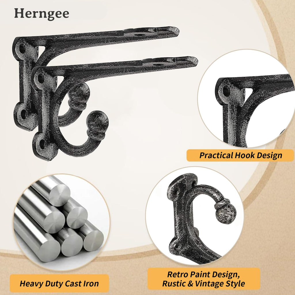Cast Iron Shelf Brackets 4 Inch, 4 Pack Black Rustic Shelf Brackets with Hooks, Heavy Duty Floating Brackets Wall