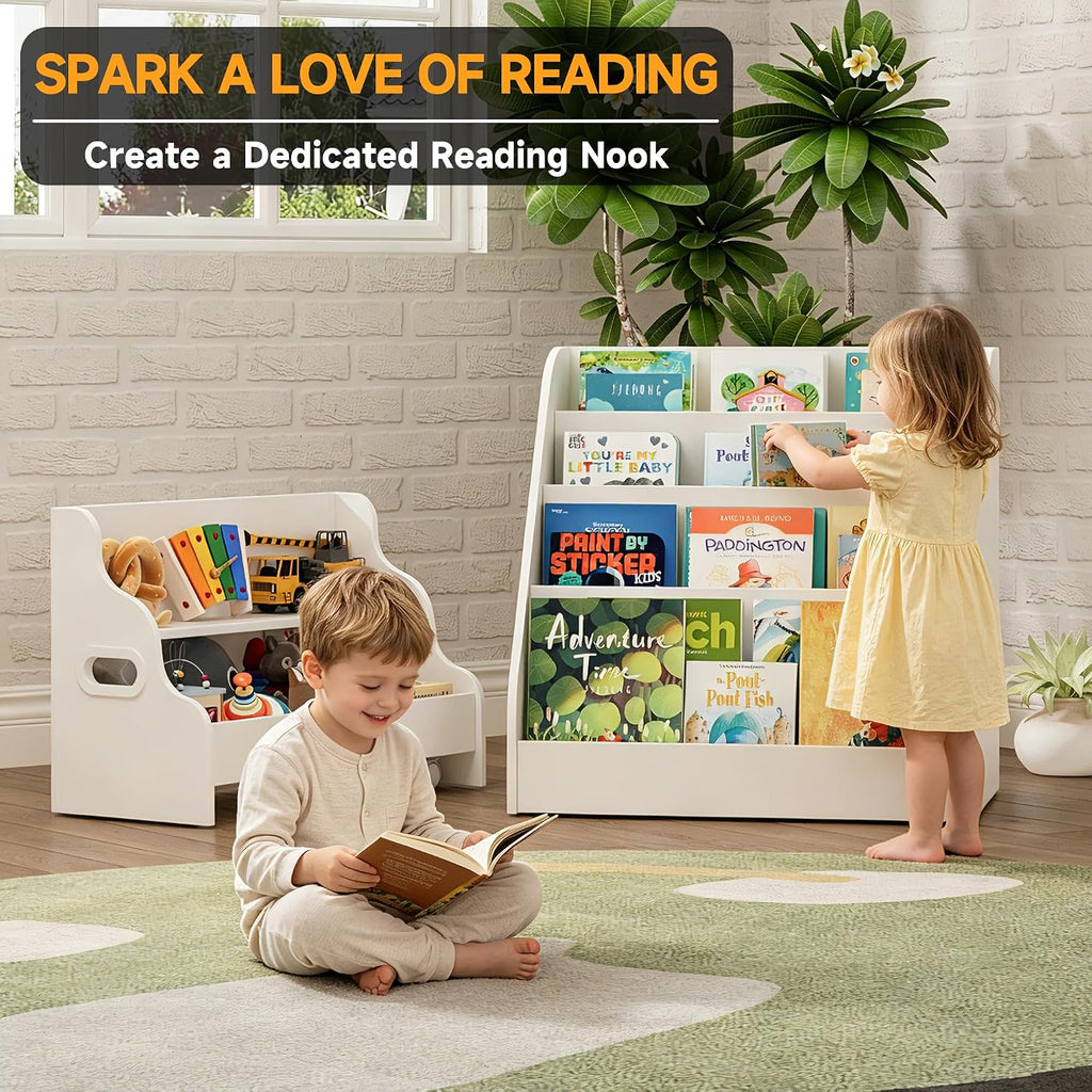 2-in-1 Montessori Kids Bookshelf - Toddler Nursery 4 Tier Wooden Shelf | Display Book Shelf for Kids Rooms, Children